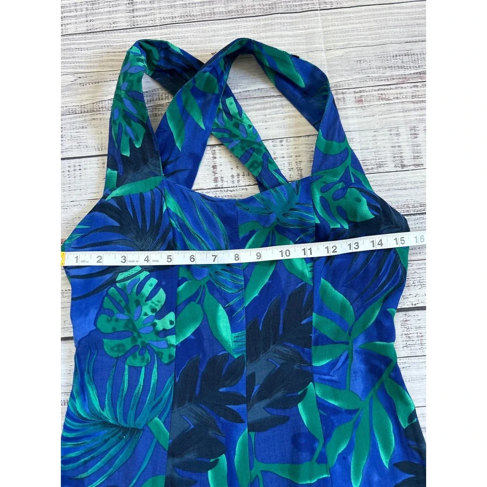 VTG Dress Barn Maxi Dress Women Size 8 Blue Green Tropical Leaf Cross Back Rayon - Picture 5 of 6